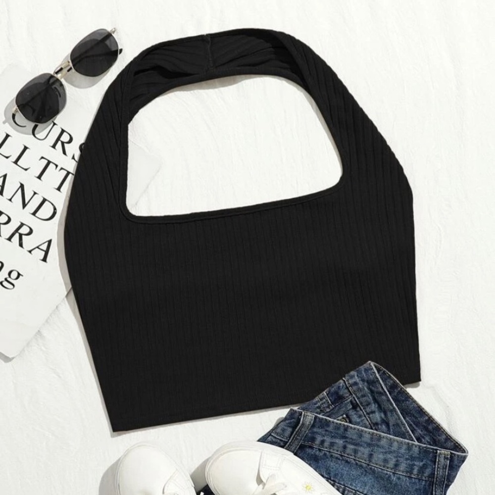 Plus 2XL Ribbed Black Crop Halter Top